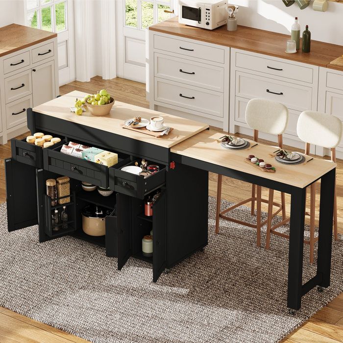 Zitty Îlot de Cuisine Noir sur Roulettes Desserte Extensible avec Tiroirs 190x45x92cm MDF Noir