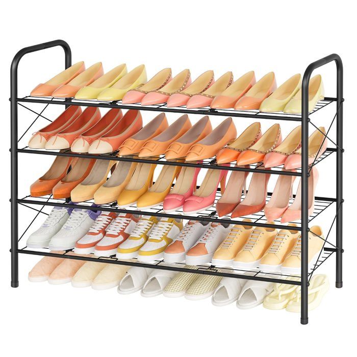 Étagère chaussures 4 niveaux treillis métal noir drainant multifonction pour entrée et placard gain de place