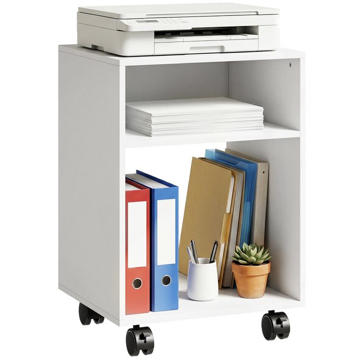 VVBV Meuble Imprimante à Roulettes avec 2 Compartiments Ouverts Étagère de Bureau Roulante Blanc 40x35x55 cm