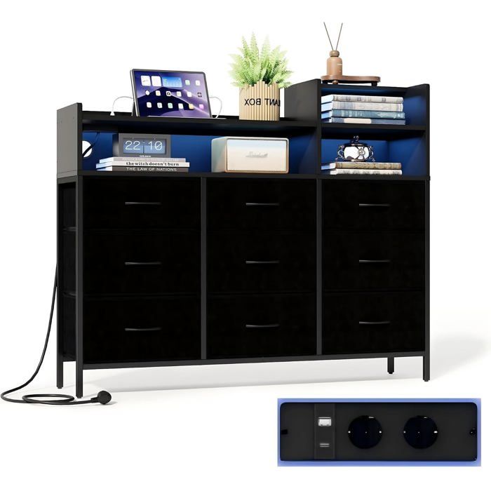 IRONCK Commode de Rangement 9 tiroirs en tissu 3 étagères en bois LED et station de charge Noir