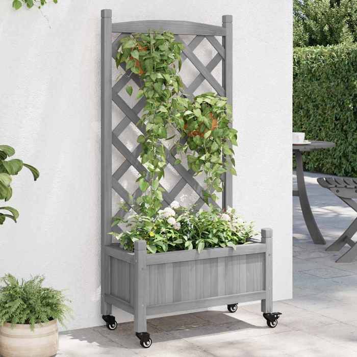 VIDAXL Bac à fleur CHIC Jardinière avec treillis et roues gris bois massif de sapin Pour outdoor_2_9663