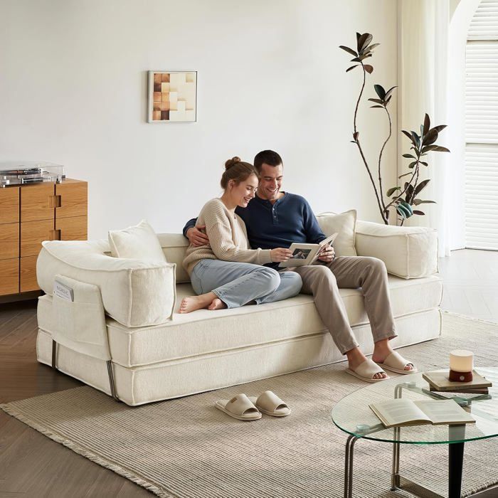 Canapé-lit convertible 3 Places 207x106x68 cm - WOLTU - Coussins amovibles - Housses en chenille lavables - Beige