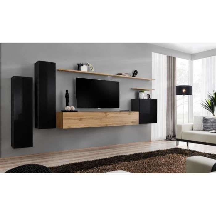ensemble mural - ac-déco - switch i - 3 vitrines verticales - 1 banc tv - 3 étagères murales - bois et noir
