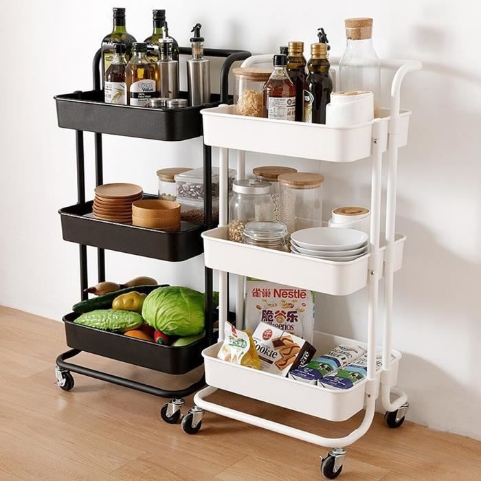 Chariot de Service Desserte - YIS - Blanc - 3 Tablettes - Rangement pour Chambre/Salle de Bain/Cuisine/Buanderie