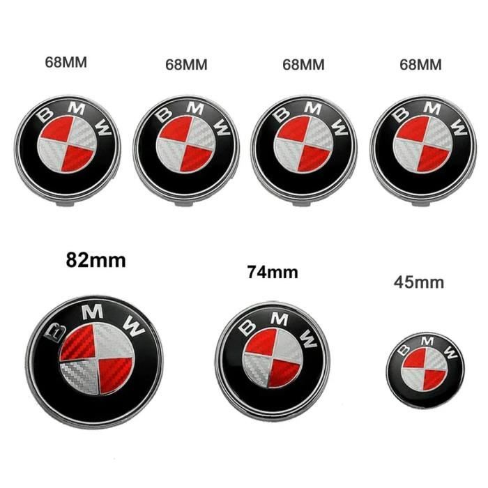 Lot de 7 BMW Fibre de Carbone Rouge et Blanc Logo Emblème Centre de Roue，La Marque du Capot et du Coffre Est de 82mm + 74mm