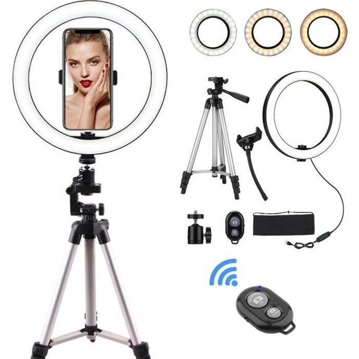 10 Pouces LED Anneau Lumineux avec Trépied et Support de Téléphone Portable, Réglable avec 3 Modes d'Eclairage, pour Flux en Direct