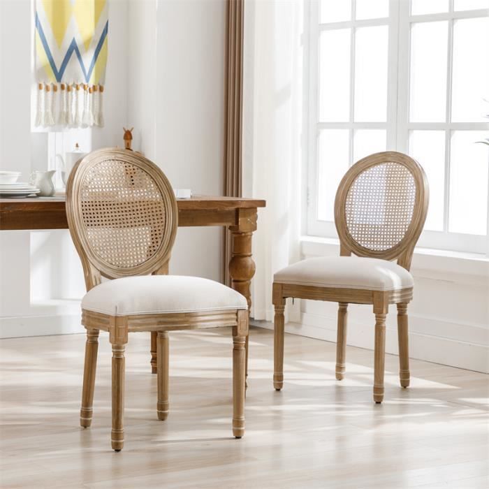 lot de 2 chaises médaillons, avec dossier en rotin, style louis-xvi, pieds en bois massif, assise en lin, 95x60x50cm, crème