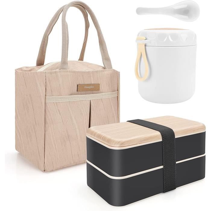 Boîte Repas Bento 2 étages - 2000ml Avec 4 Compartiments - Kit Complet Couverts, Sauce Et Sac Isotherme - Micro-ondes Et Lave-vaisselle - 8