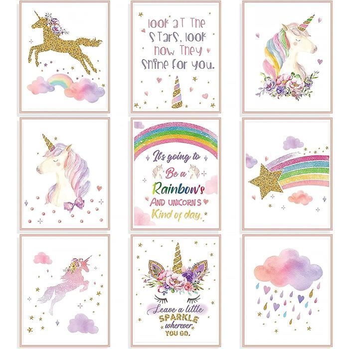Set De 9 Posters Licorne Arc-en-Ciel - Déco Chambre Fille Enfant - Affiches Aquarelle