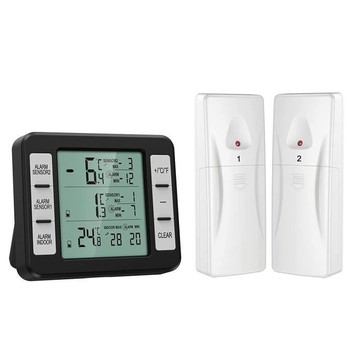 Thermomètre Réfrigérateur Sans Fil Avec 2 Capteurs - Intérieur Extérieur Numérique, Alarme Sonore, Pour Frigo Et Congélateur