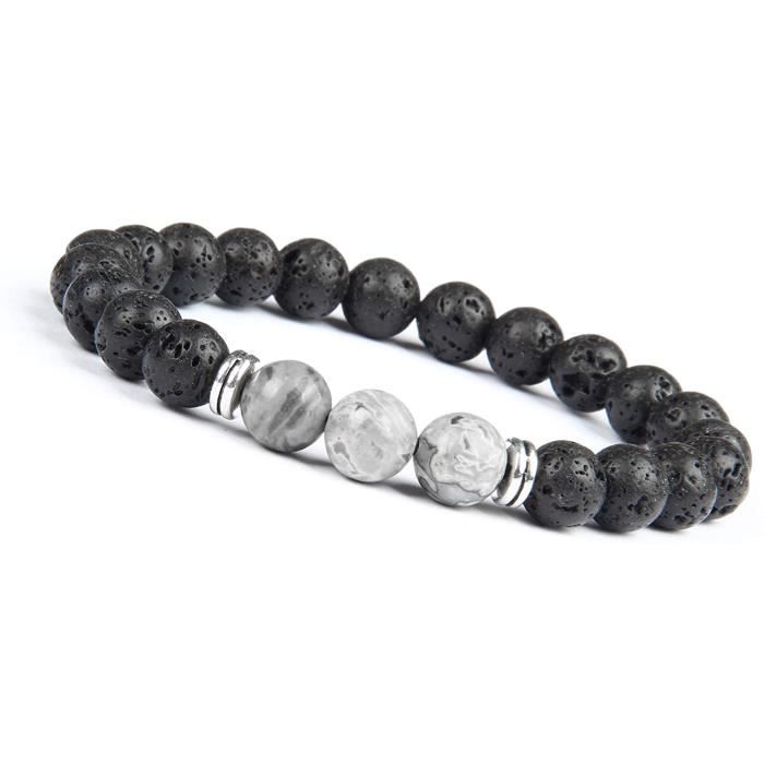Bracelet Sur Mesure En Pierres – Lave, Œil De Chat Bleu Et Onyx – Fait Main