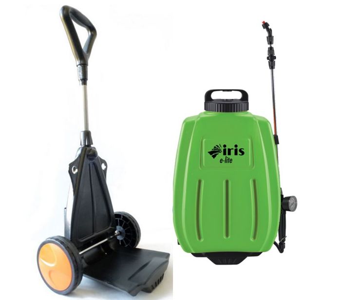 Pulverisateur electrique 16L Batterie Lithium 8Ah Chariot trolley / Bretelles IRIS Chargeur + 3 buses Jardin Désinfections