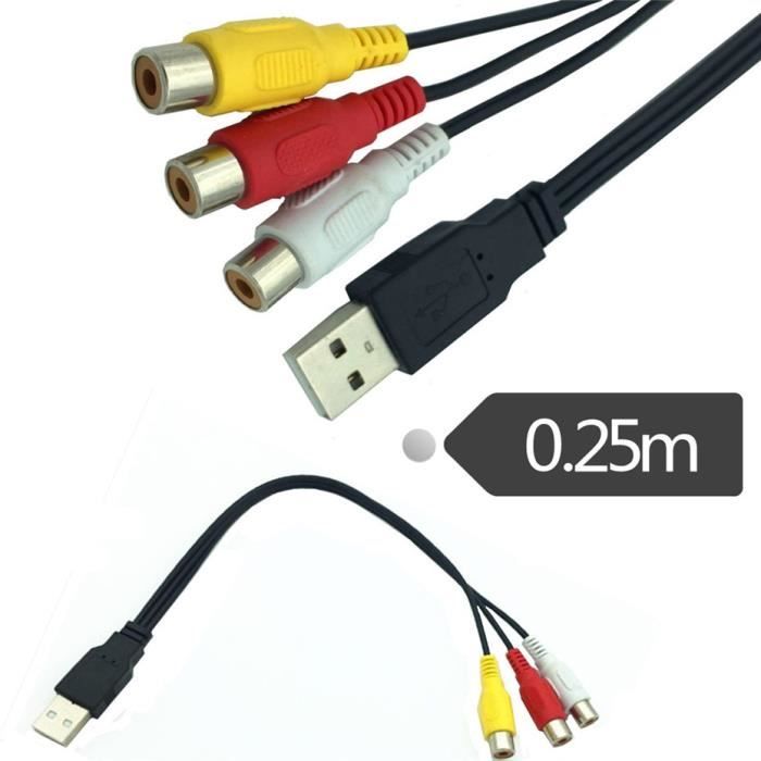 0.25m Adaptateur USB mâle vers 3 RCA femelle convertisseur Audio vidéo