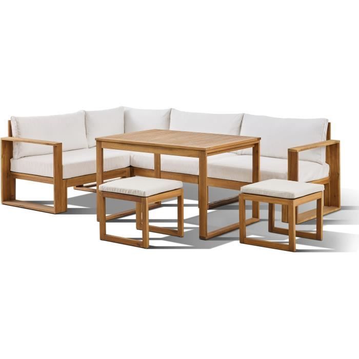 Salon de jardin dangle modulable LEVATA DINING - Bois dacacia FSC - 7 personnes - Blanc cassé + Housse incluse