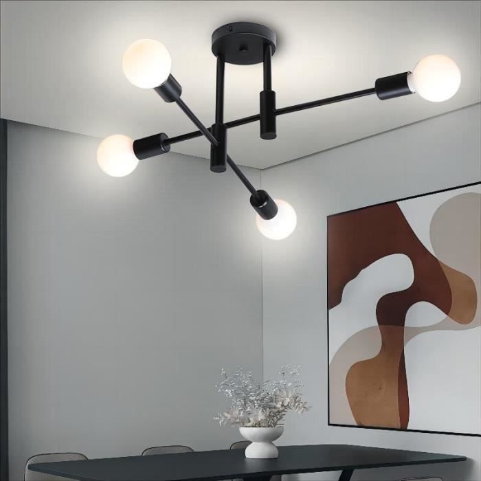 MOGOD Lustre Industriel Vintage 4 E27 Lumières Plafonnier Moderne Noir Luminaire pour Chambre Salon Salle à Manger