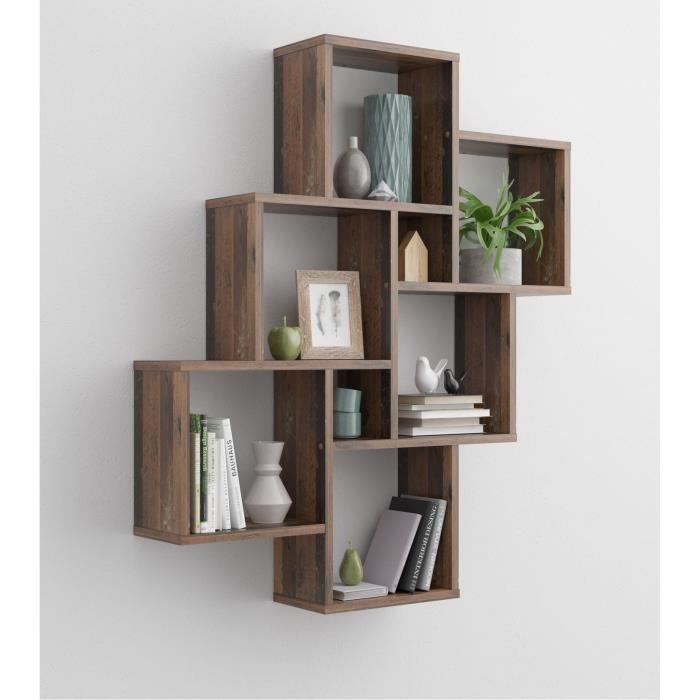 laurio 2 etagere murale 6 compartiments 81 5 x 94 5 x 16 cm panneau melamine decor old style marron fonce cdiscount maison