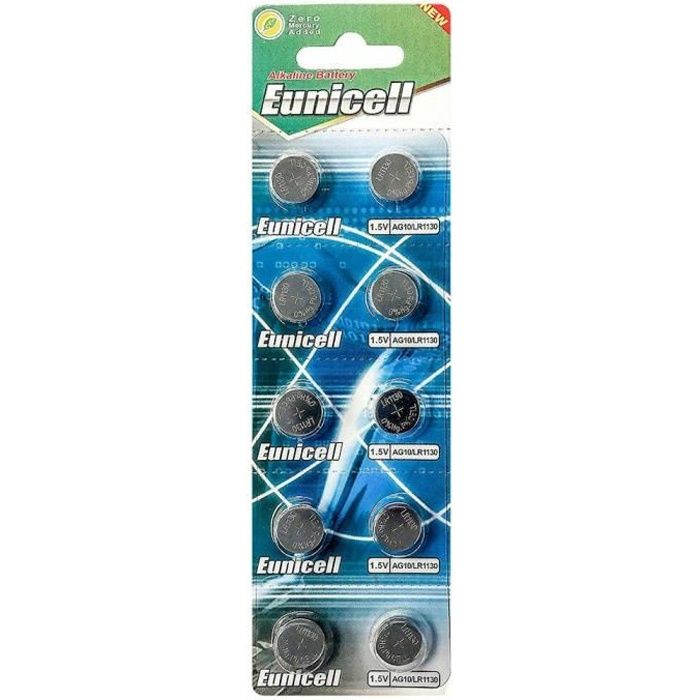 Lot / Pack 10 Piles Bouton Alcaline Eunicell AG10 / LR1130 / LR54 / LR1130L / 189 / 389 / G10A