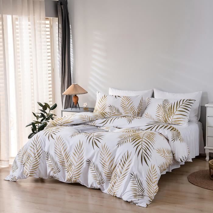 Housse de Couette Feuilles Tropicales 220x240 cm 2 Personnes et 2 x Taies d'oreiller 50x75 cm Parure de Lit Or Blanc