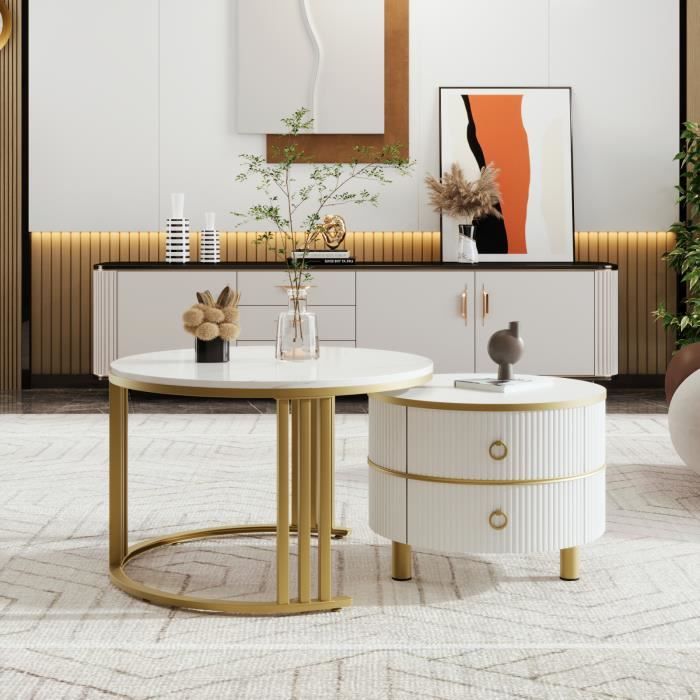 lot de 2 tables basses ronde style scandinave avec tiroirs blanc et or
