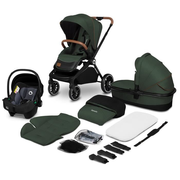 LIONELO Mika poussette bébé confort 3 en 1, poussette compacte, nacelle, siège auto, porte-bébé, moustiquaire - Vert