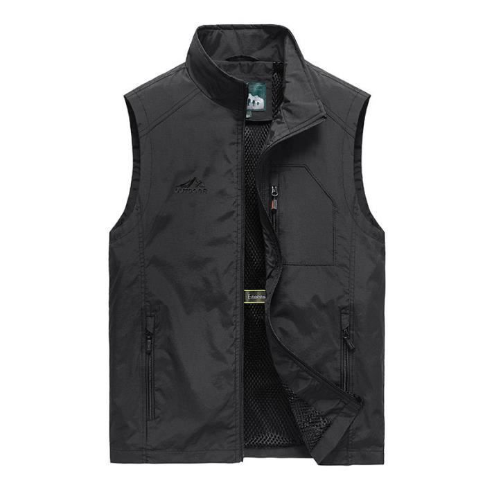 Gilet de Pêche Homme Veste Zippee Sans Manches Séchage Rapide Grande Taille Couleur Unie - Noir