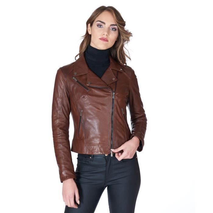 Veste En Cuir Marron Clair Ambre Babzoe - Taille 36 - Femme - Fermeture Pression