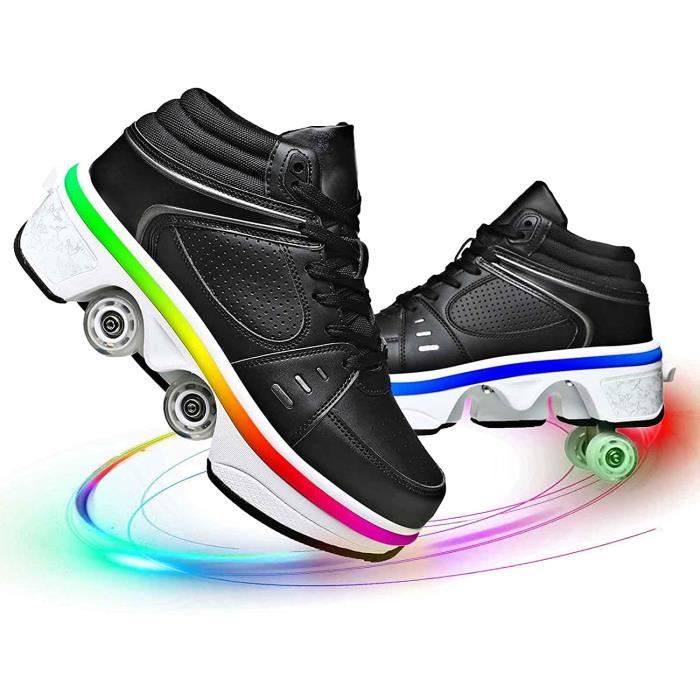 Patins A roulettes Reglables Chaussures À roulettes Chaussures Filles Garçons Chaussures À Roues Enfants Baskets pour 4 Roues réglables à roulettes Chaussures 2 en 1 Multi-usages Kick Roller Shoe 