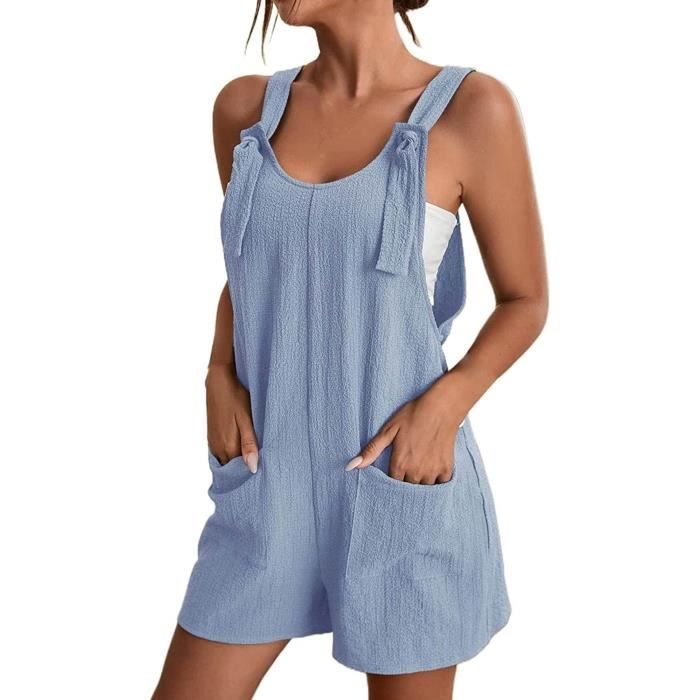Salopette Femme Sans Manches En Coton/lin - Couleur Unie, Coupe Ajustée - Style Vintage Décontracté