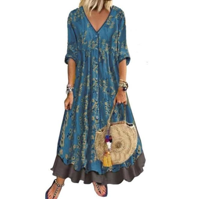 Robe longue femme verte fleurie décolleté et poches