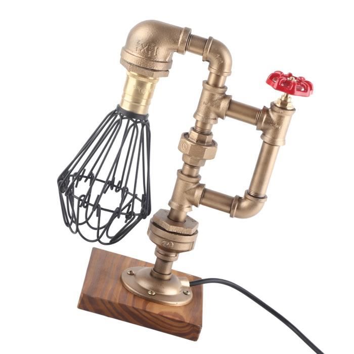 Lampe de bureau - SHIPENOPHY - Forme unique - Conduite deau rétro - Acier & pin carbonisé - E27