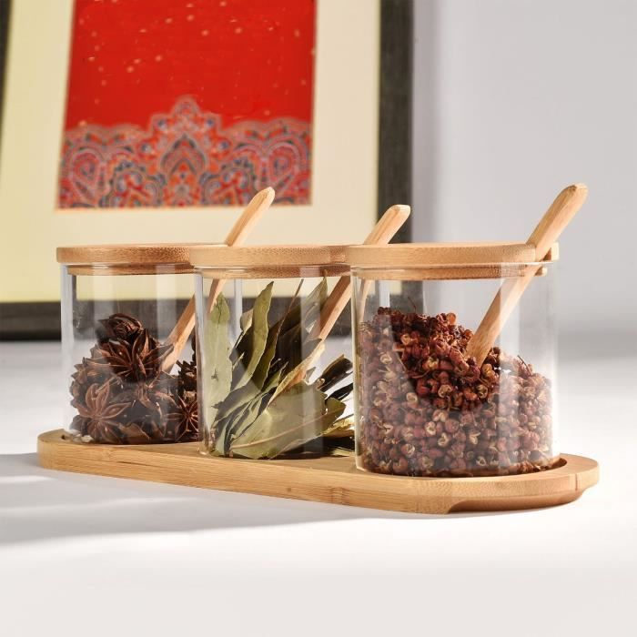 Set de 4 Pots à épices en verre avec cuillère + Support en Bambou