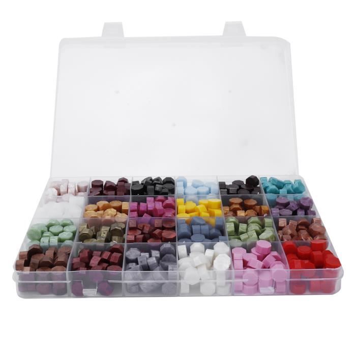 Kit Cire à Cacheter 24 Couleurs - 600 Perles Octogonales + 2 Bougies + Cuillère - Pour Enveloppes, Invitations Mariage