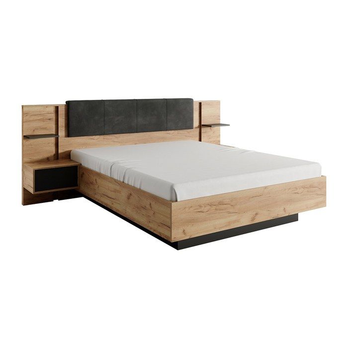 Lit avec chevets 140 x 190 cm - Avec LEDs - Coloris : Naturel et anthracite - ELYNIA