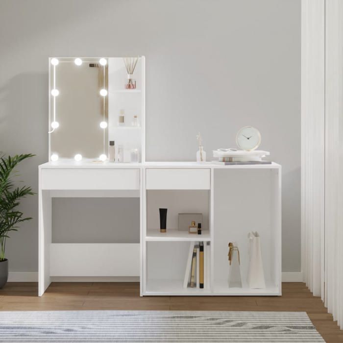 vidaXL Coiffeuse à LED avec Armoire Table Cosmétique Coiffeuse de Maquillage Table à Bijoux Chambre à Coucher Blanc Bois 3082017