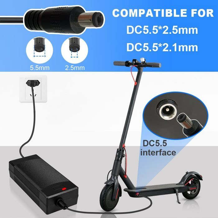 Gobesty Chargeur Trotinette Électrique 42V 2A – 6 Connecteurs Universels – Compatible Xiaomi M365, Hoverboard, Monocycle – Protection Intégrée