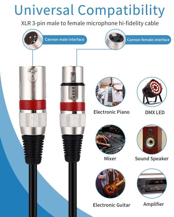 J&D Câble Adaptateur DMX XLR 3 Broches Mâle vers 5 Broches Femelle, Câble DMX512 pour Éclairage de Scène et Contrôle Lumière, 30 cm, Lot de 2