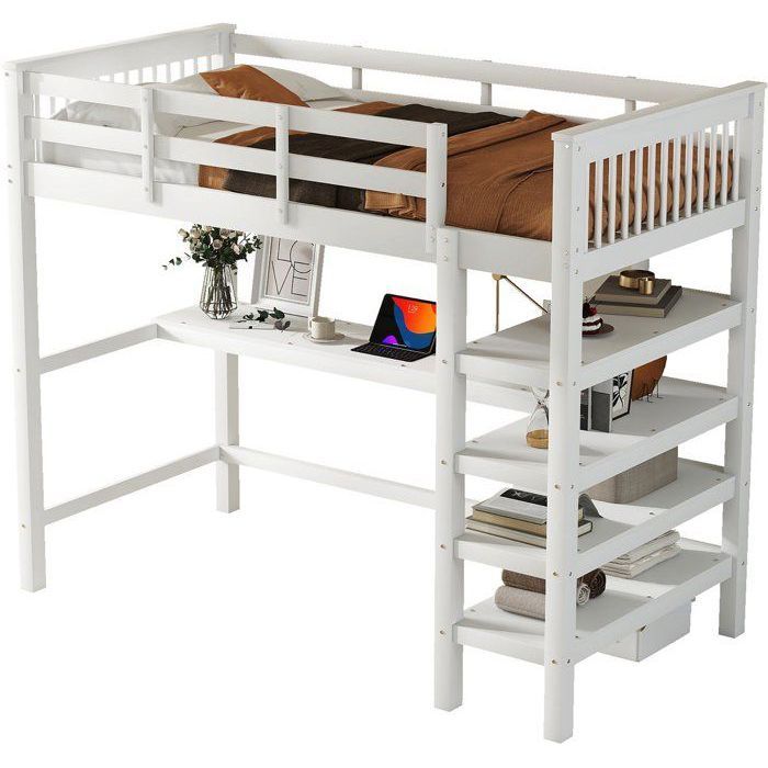 Lit mezzanine - 90 x 200 cm - Métal - Bureau intégré - 3 étagères pour