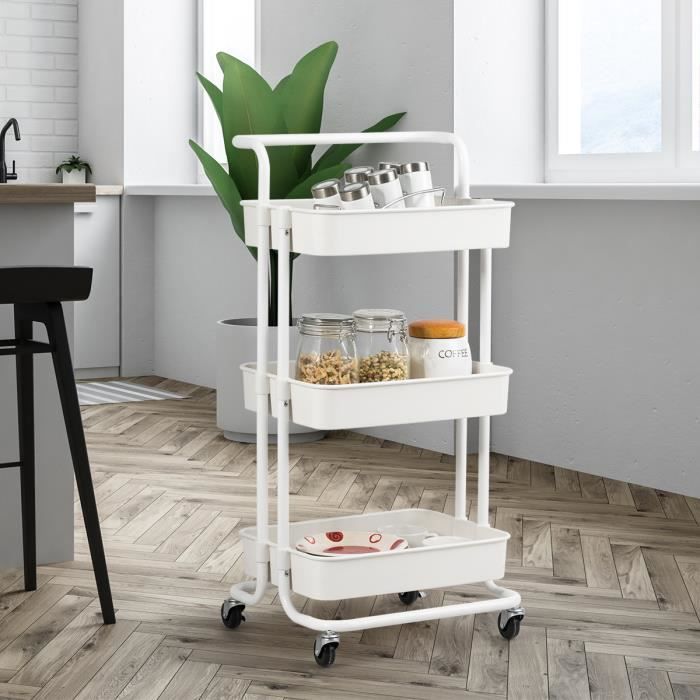 Chariot De Rangement 3 Niveaux à Roulettes - Dimensions 69x33x22 Cm - Blanc Ou Noir - Pour Cuisine, Salle De Bain, Mobile