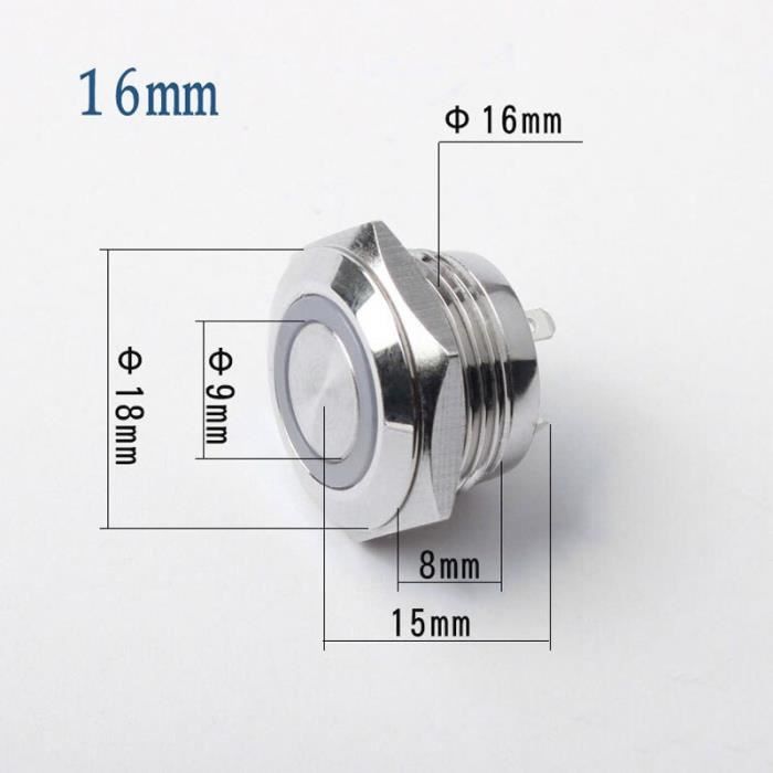 Bouton Poussoir Métallique 19mm LED 3-220V - Symbole Power - Étanche - Neuf