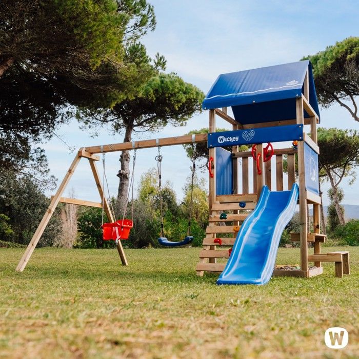 Wickey Aire de Jeux DinkyHouse sans Extension de la balançoire - Toboggan Bleu & bâche - Tour à Grimper pour Enfants pour Le Jardin en Bois Massif - 219x114x247 cm Wickey Aire de Jeux DinkyHouse sans Extension de la balançoire - Toboggan Bleu & bâche - Tour à Grimper pour Enfants pour Le Jardin en Bois Massif - 219x114x247 cm