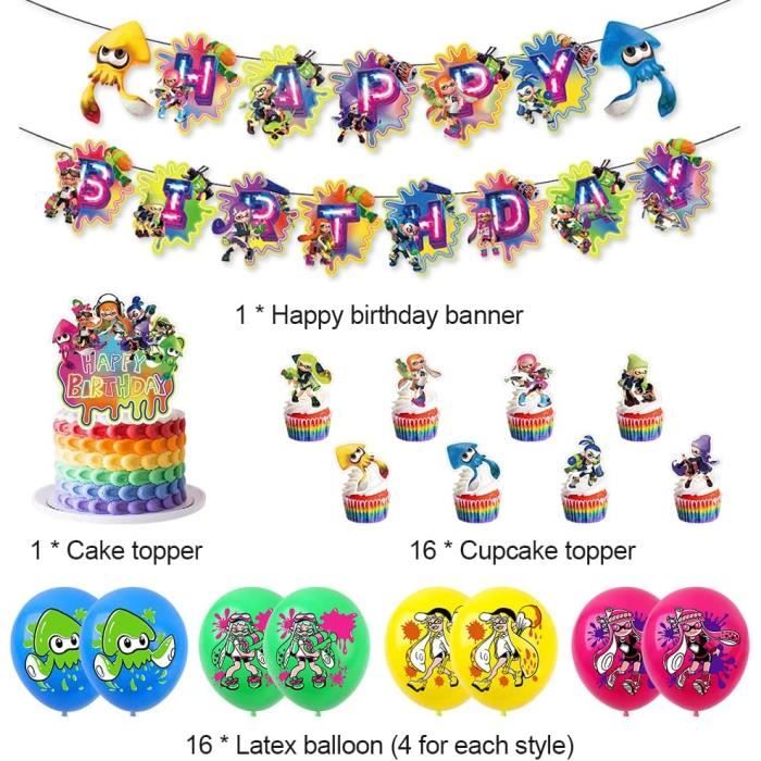 Jogo de tiro splatoons feliz aniversário festa decoração polvo látex balão  banner bolo topper festa supplise