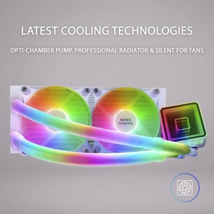 Mars Gaming ML-PRO240 Vloeistofkoeling – 450W TDP, 2 FDB Fans, Opti-Chamber Pomp Met Witte Ring – Universeel Voor Intel & AMD (Zwart)