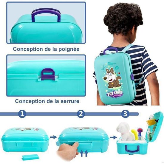 HERSITY Sac à Dos Vétérinaire Avec Peluche Chien – 16 Accessoires De Toilettage – Jeu De Rôle Éducatif Dès 3 Ans