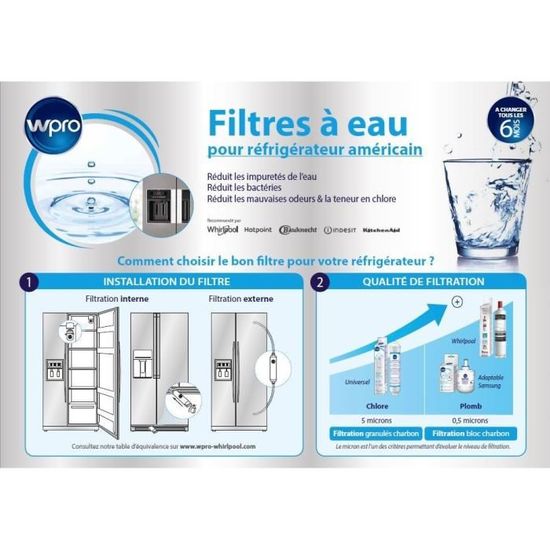 Filtre USC009 pour frigo - Filtre à eau USC009 d'origine Wpro pour Whirlpool