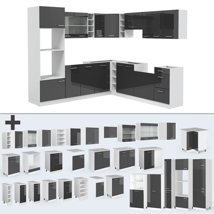 Cuisine En Angle Vicco R-Line – Chêne Anthracite, Moderne, Haute Brillance, Neuve