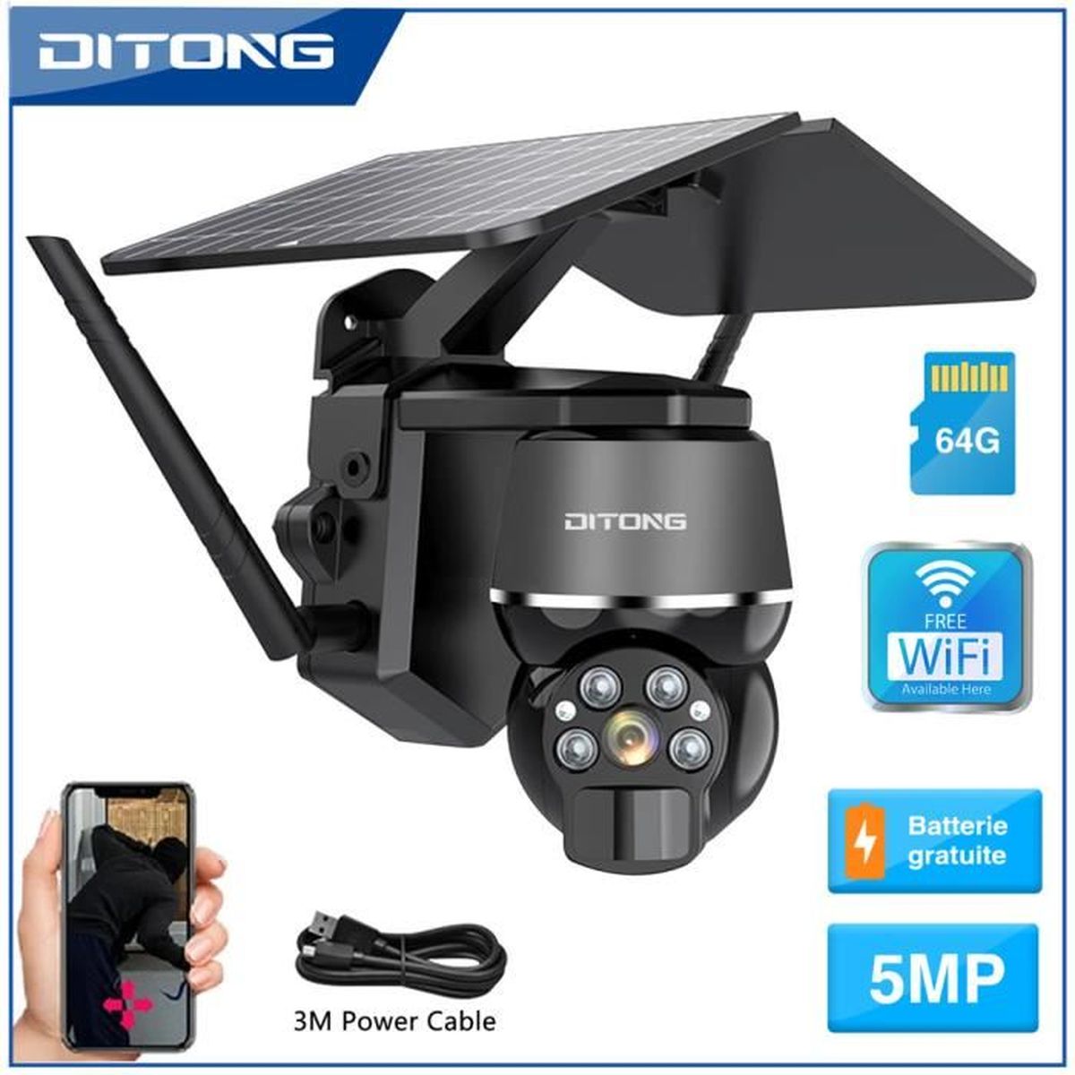 64G 5MP Caméra Surveillance Solaire WIFI Extérieure sans Fil IP