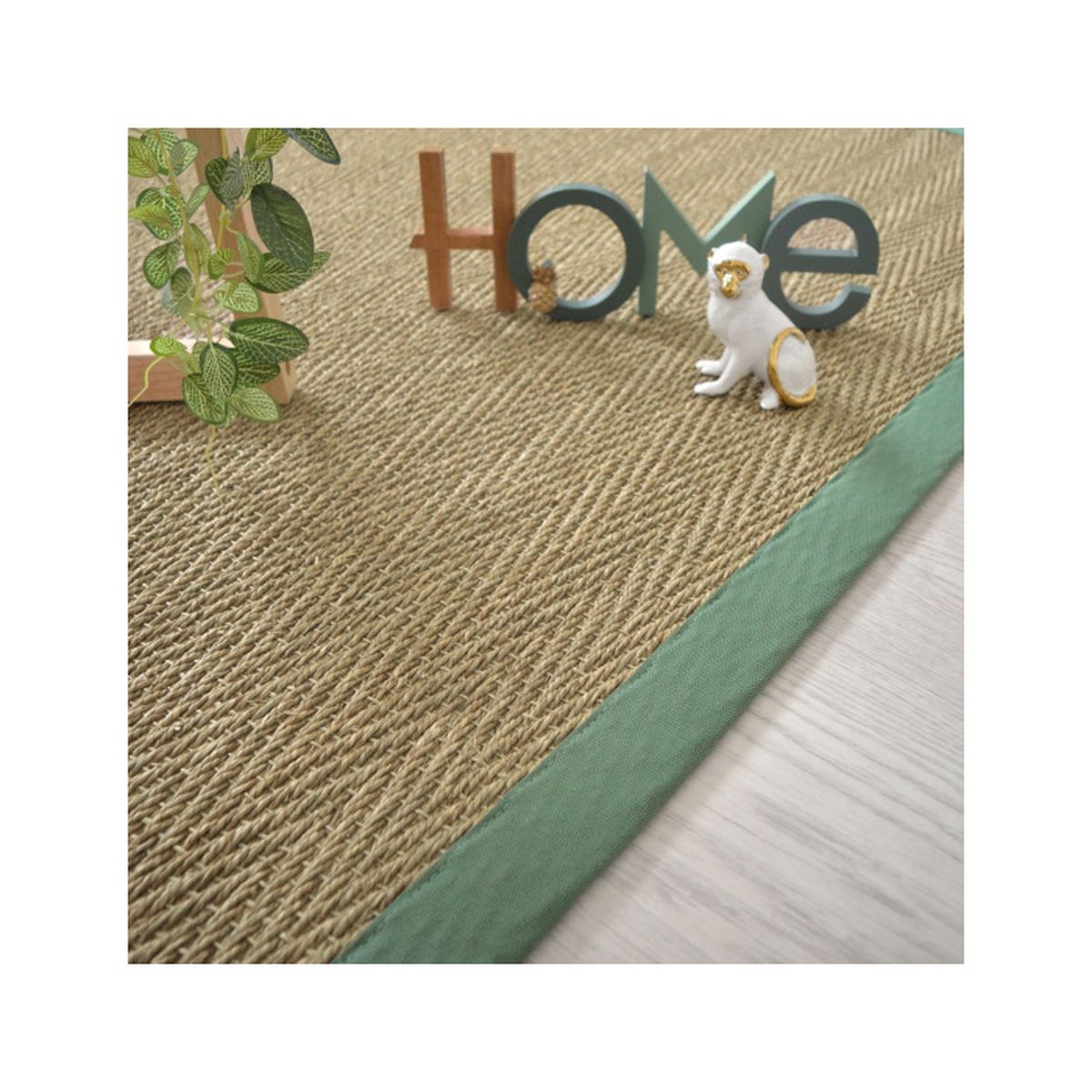 Tapis Jonc De Mer Bihar Fin Chevron Ganse Coton Vert Olive