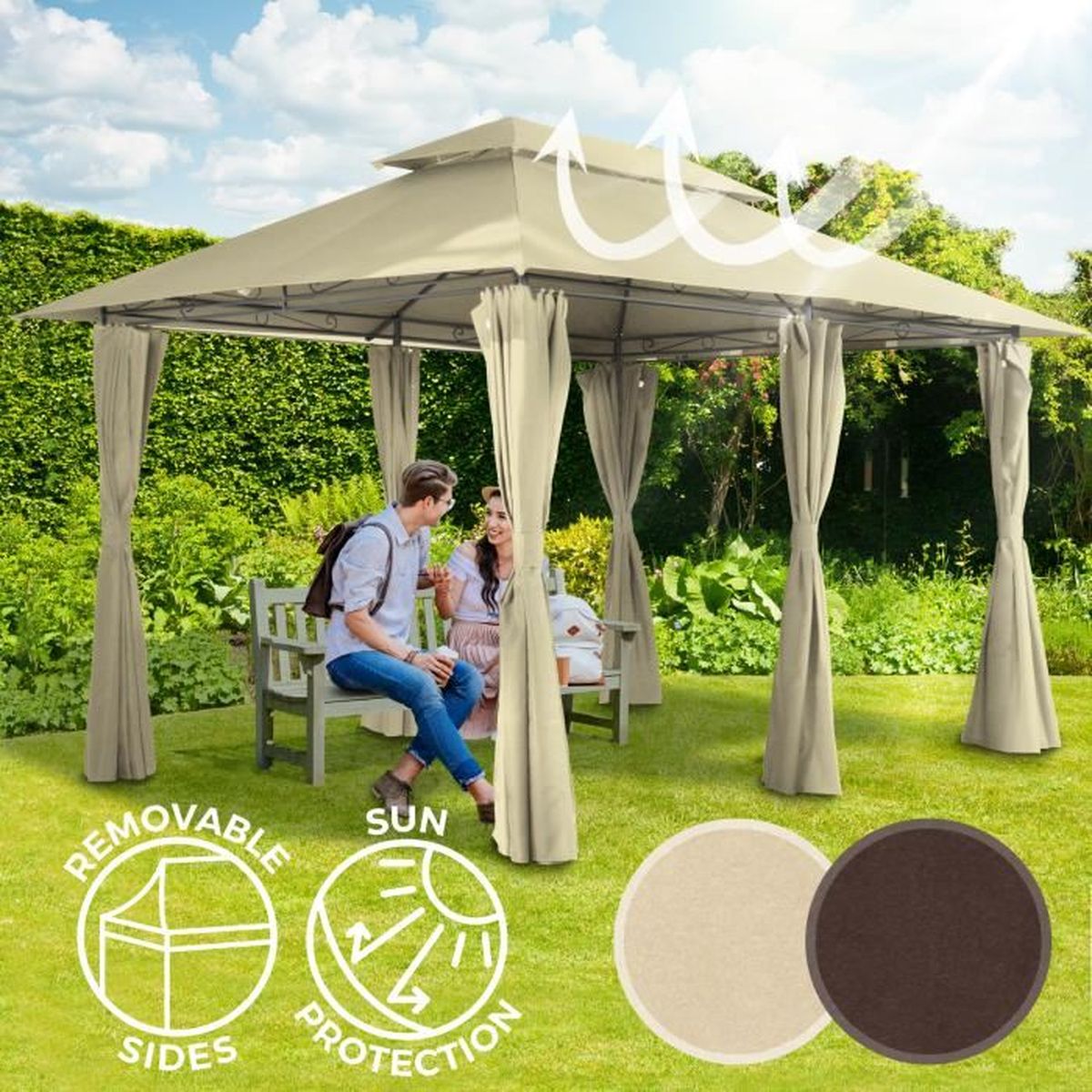 Pavillon De Jardin 3x4m Avec Rideaux Et Double Toit Tonnelle Gazebo Tente Chapiteau De Jardin De Fete De Reception Beige Achat Vente Tonnelle Barnum Pavillon De Jardin 3x4m A Cdiscount