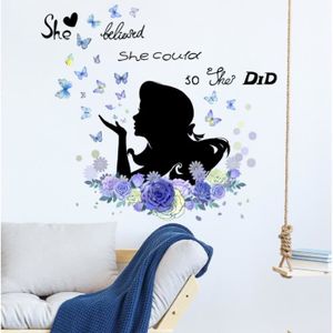 Sticker Muraux Autocollant Mural Fleur papillon et fille Décoration de  Salon Chambre Princesse Salle de classe Kalavika