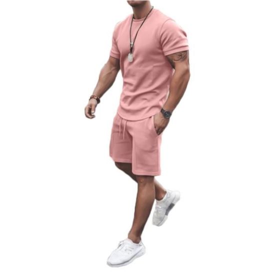 Survêtement Homme 2 Pièces – Couleur Uni (noir, Blanc, Kaki, Rose, Vert, Gris) – Taille S, Coton Mélangé